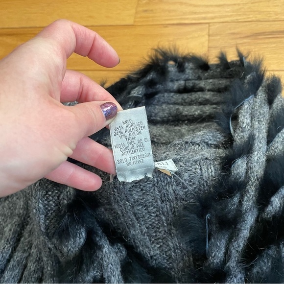 Alberto Makali Gray Knit Rabbit Fur Trim Open Front Duster Sweater Cardigan Sz L - Picture 7 of 9